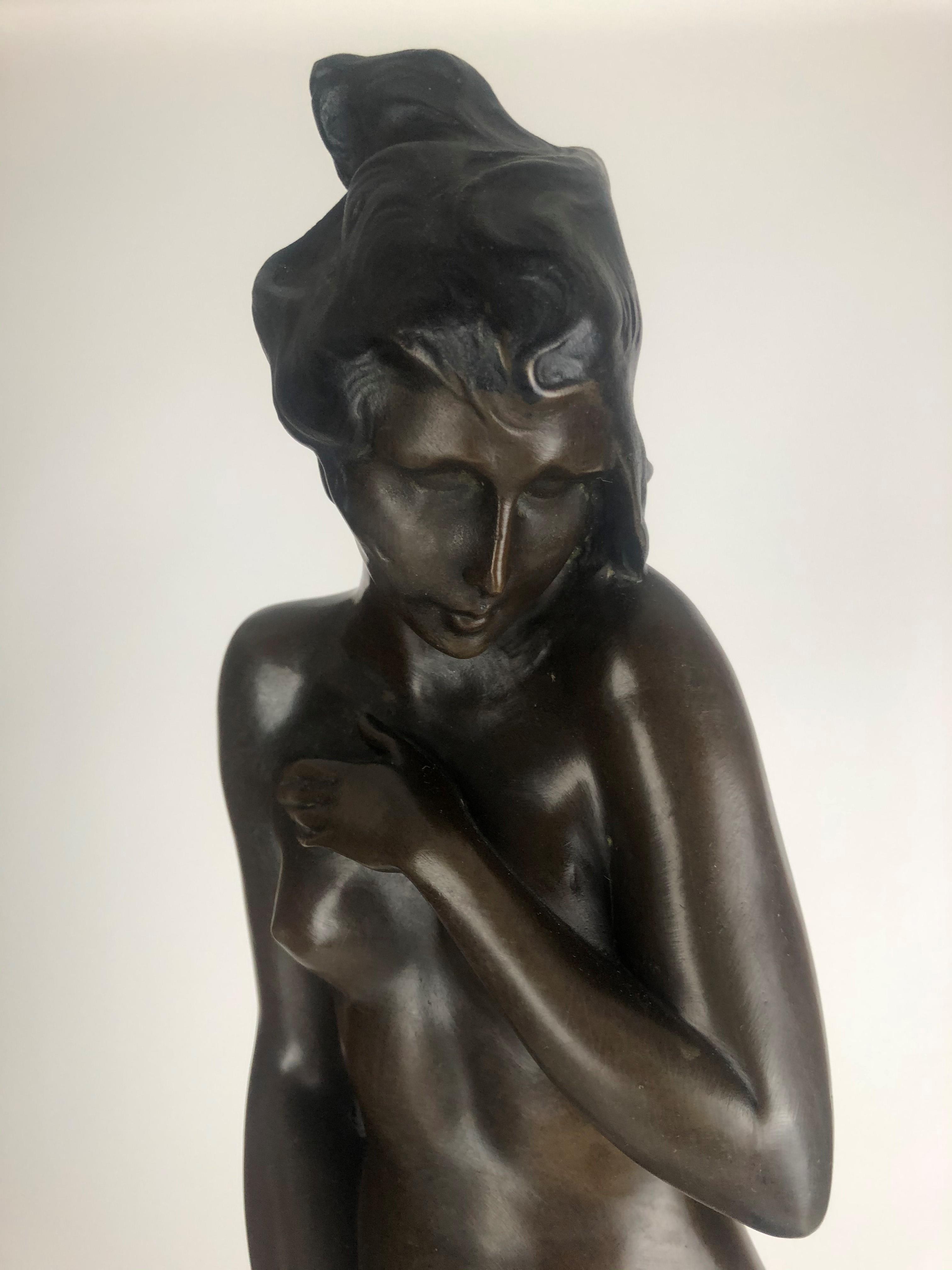 AN ART NOVEAU STYLE BRONZE STATUE OF A NUDE SLAVE GIRL WITH HER MASTER On rouge marble base. ( - Image 2 of 5