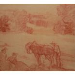 EVERETT SHINN, 1876 - 1953, RED CHALK DRAWING Farmer and horses signed bottom right label to