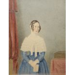 TWO EARLY 19TH CENTURY WATERCOLOUR PORTRAITS Young maiden holding a prayer book and a lady wearing a