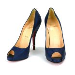 CHRISTIAN LOUBOUTIN, A VINTAGE PAIR OF BLUE FABRIC AND LEATHER HIGH HEEL LADIES' SHOES Having red