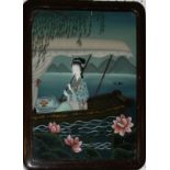 A CHINESE REVERSE GLASS PAINTING Maiden in a boat in an exotic landscape, in hardwood frame. (approx