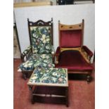 AN EDWARDIAN MAHOGANY ARMCHAIR Upholstered in a William Morris design fabric, along with another and