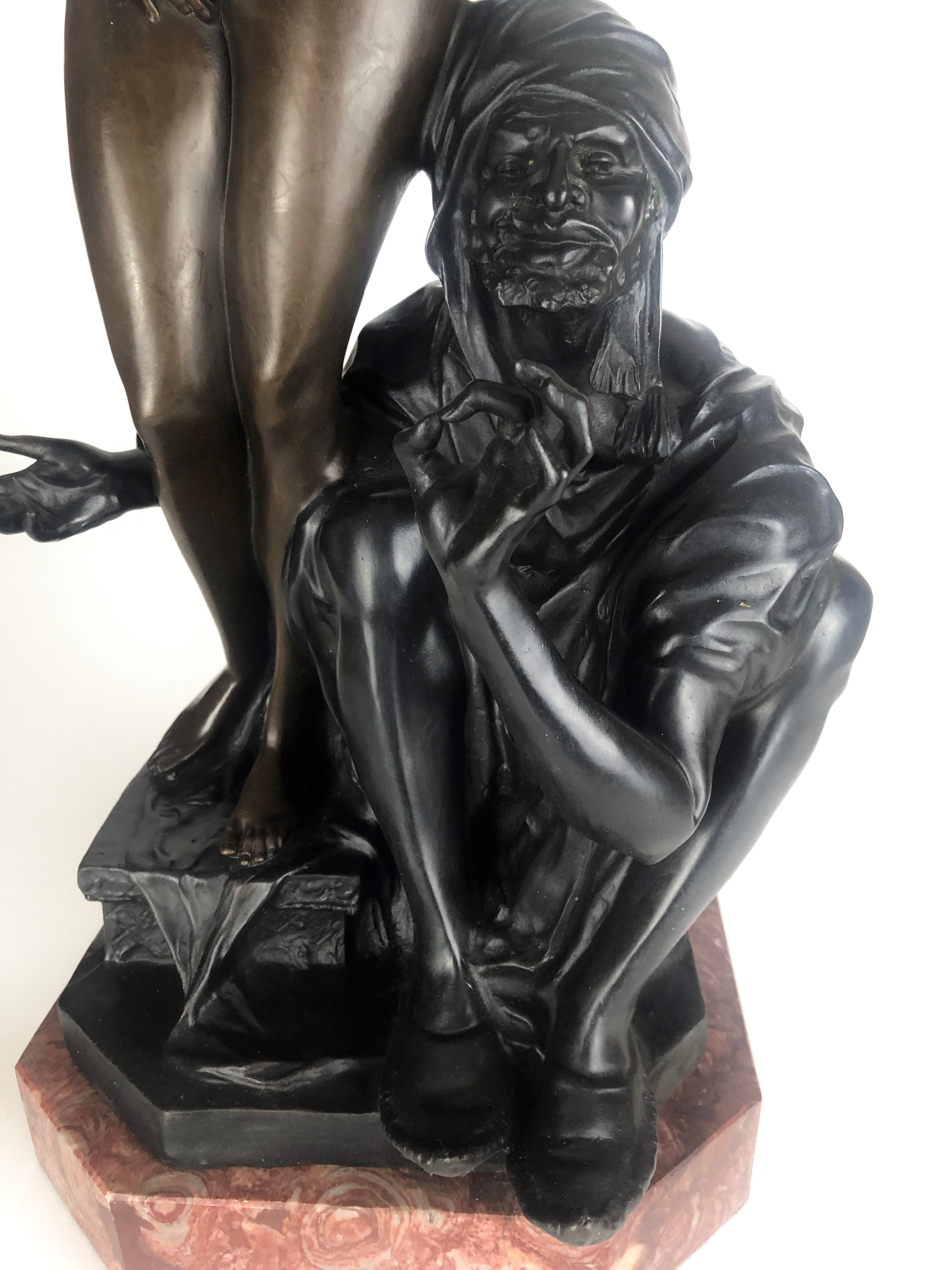 AN ART NOVEAU STYLE BRONZE STATUE OF A NUDE SLAVE GIRL WITH HER MASTER On rouge marble base. ( - Image 3 of 5