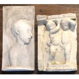 TWO PLASTER RELIEFS, PUTTI AND A SAINTLY FIGURE. (largest 50cm)