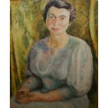 NORA CURTIS, A 20TH CENTURY OIL ON BOARD Portrait of a woman in a flowery dress, signed upper