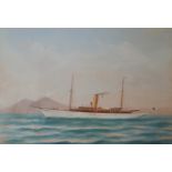 ANTONIO DE SIMONE, 1851 - 1907, GOUACHE ON PAPER Marine scene, titled 'SY Miranda', steam yacht with