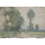 ALFRED EAST, 1844 - 1913, WATERCOLOUR Landscape, figure on a tree lined path, signed lower left,