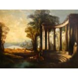 A LARGE 18TH CENTURY OIL ON CANVAS, CLASSICAL ITALIAN RIVER RUIN Landscape, figures, cattle and city