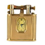 DUNHILL, AN ART DECO 9CT GOLD WATCH LIGHTER Square form with engine turned decoration and hinged