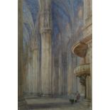 HENRY CHARLES BREWER, 1866 - 1950, WATERCOLOUR Interior scene, Milan Cathedral, tall columns with