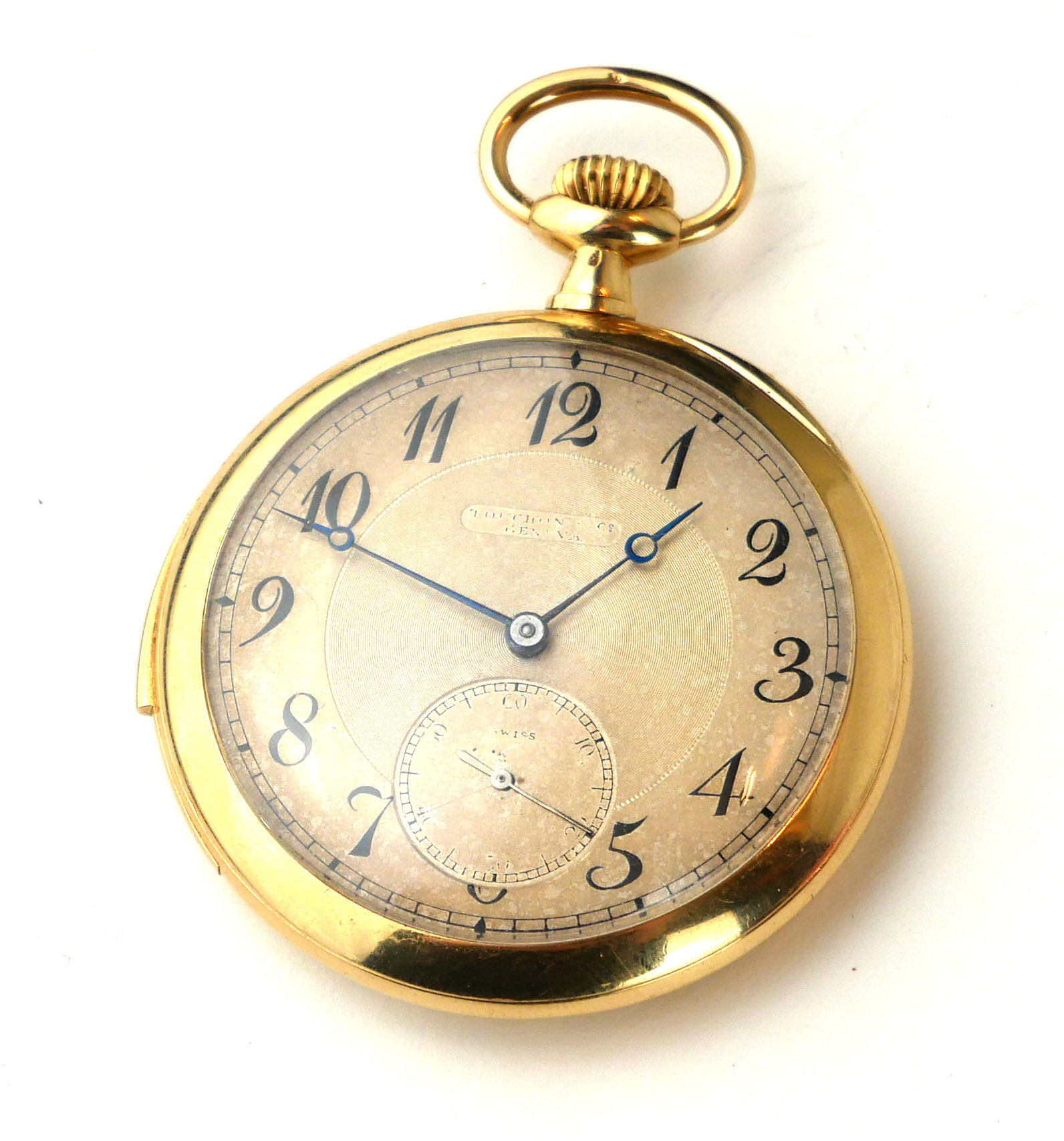 TOUCHON, AN 18CT GOLD SLIM MINUTE REPEATER POCKET WATCH Open face with silver tone dial, Arabic - Image 5 of 7