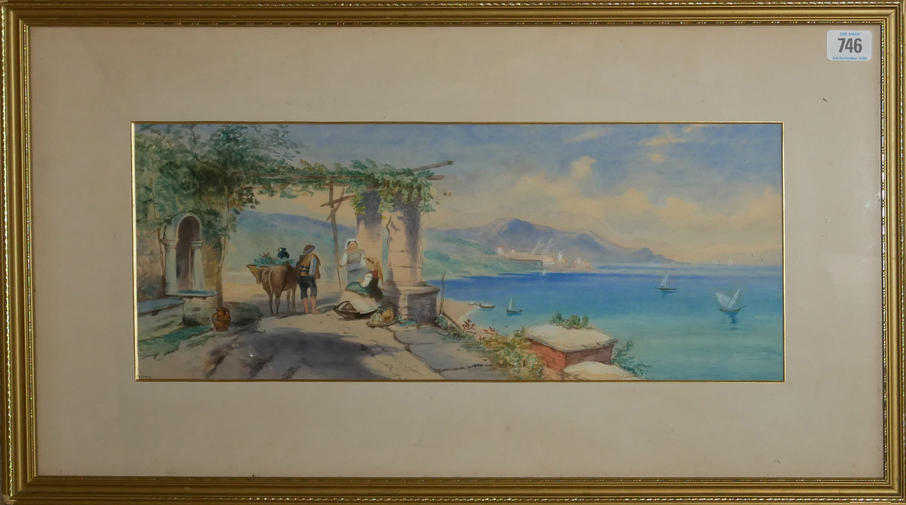 A 19TH CENTURY CONTINENTAL WATERCOLOUR, LANDSCAPE, ITALIAN COASTAL VIEW With figures, bearing - Image 2 of 2