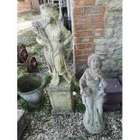 TWO RECONSTITUTED STONE STATUES To include a woman holding flowers, on a plinth base, together