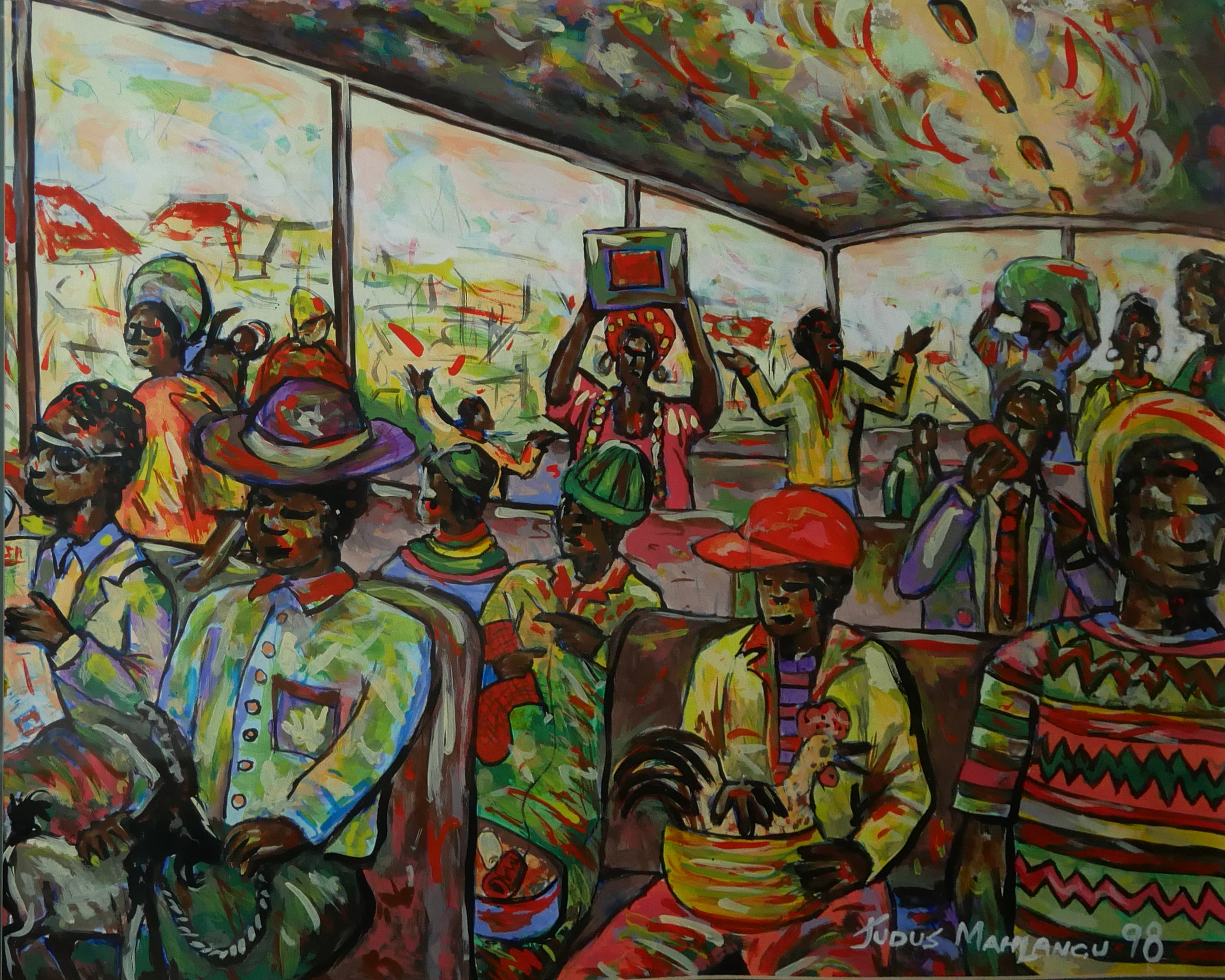 JUDAS SABELA MAHLANGU, BN, 1951, AFRICA, WATERCOLOUR Scene of figures on public transport, signed