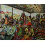 JUDAS SABELA MAHLANGU, BN, 1951, AFRICA, WATERCOLOUR Scene of figures on public transport, signed