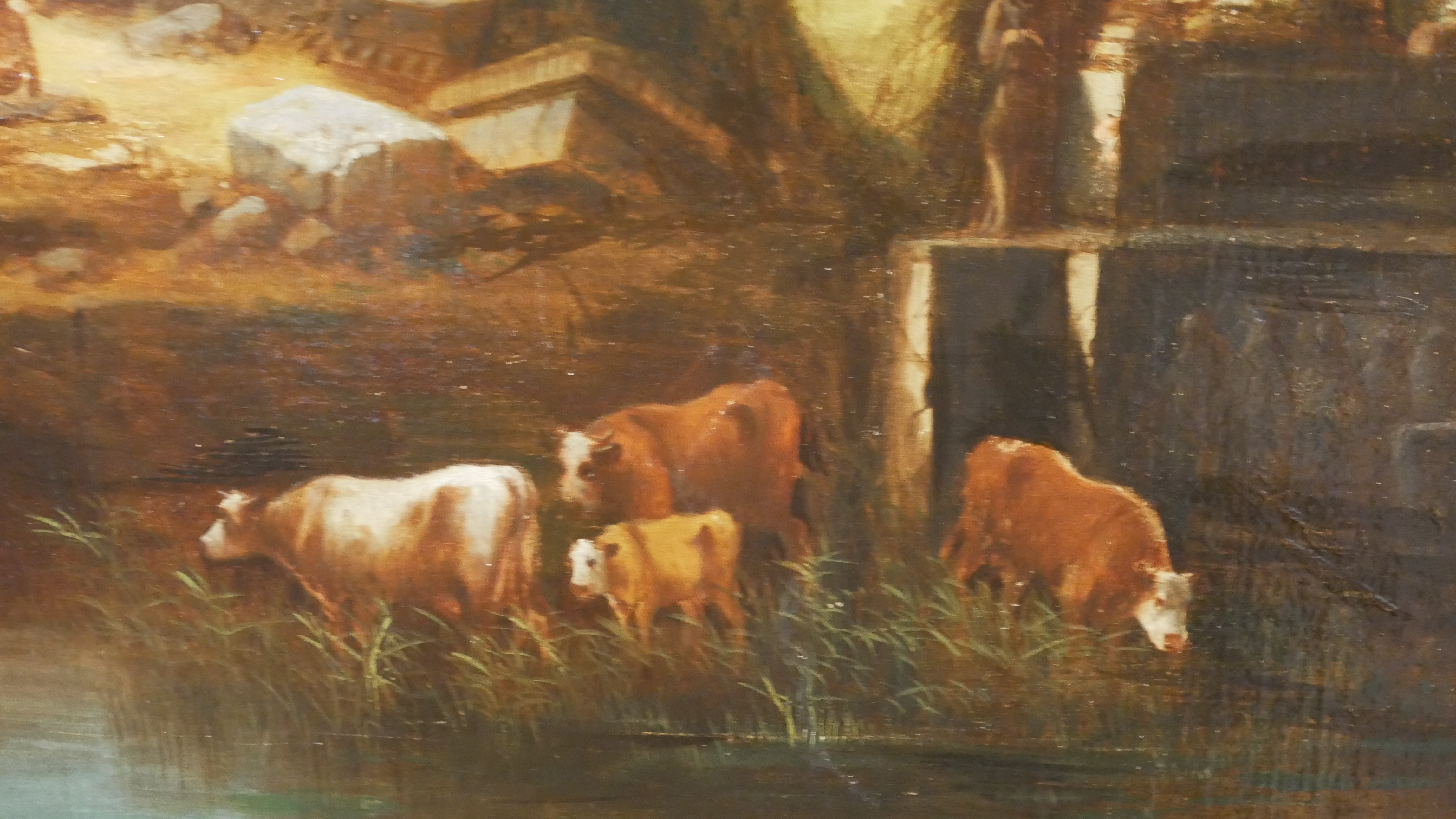 A LARGE 18TH CENTURY OIL ON CANVAS, CLASSICAL ITALIAN RIVER RUIN Landscape, figures, cattle and city - Image 5 of 9