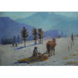 ALFRED TERLECKE, POLISH, 1883 - 1973, OIL ON BOARD Winter landscape, with horse drawn sleigh,