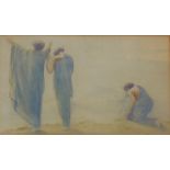 A LATE 19TH/EARLY 20TH CENTURY WATERCOLOUR LANDSCAPE Mountainous view of three maidens wearing