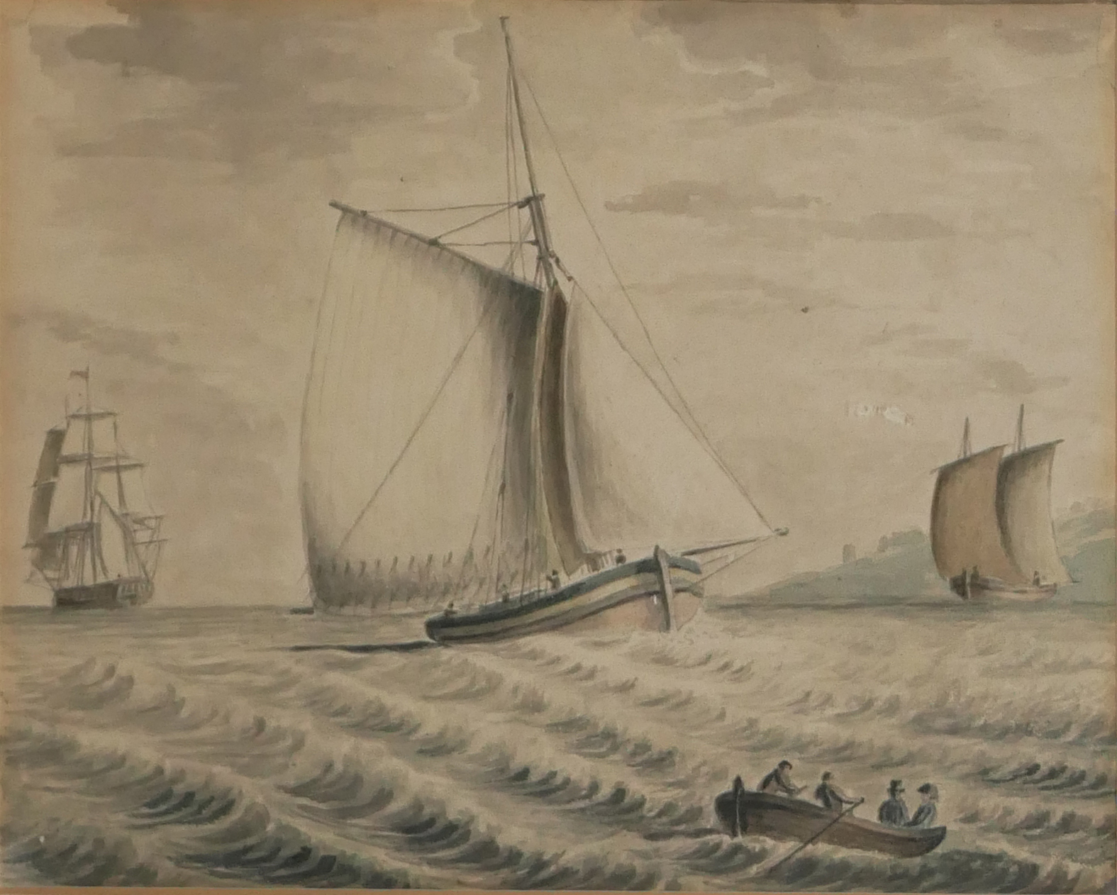 A 19TH CENTURY MARINE WATERCOLOUR Featuring a 'Tilt' ship in full sail, with rowing boat to