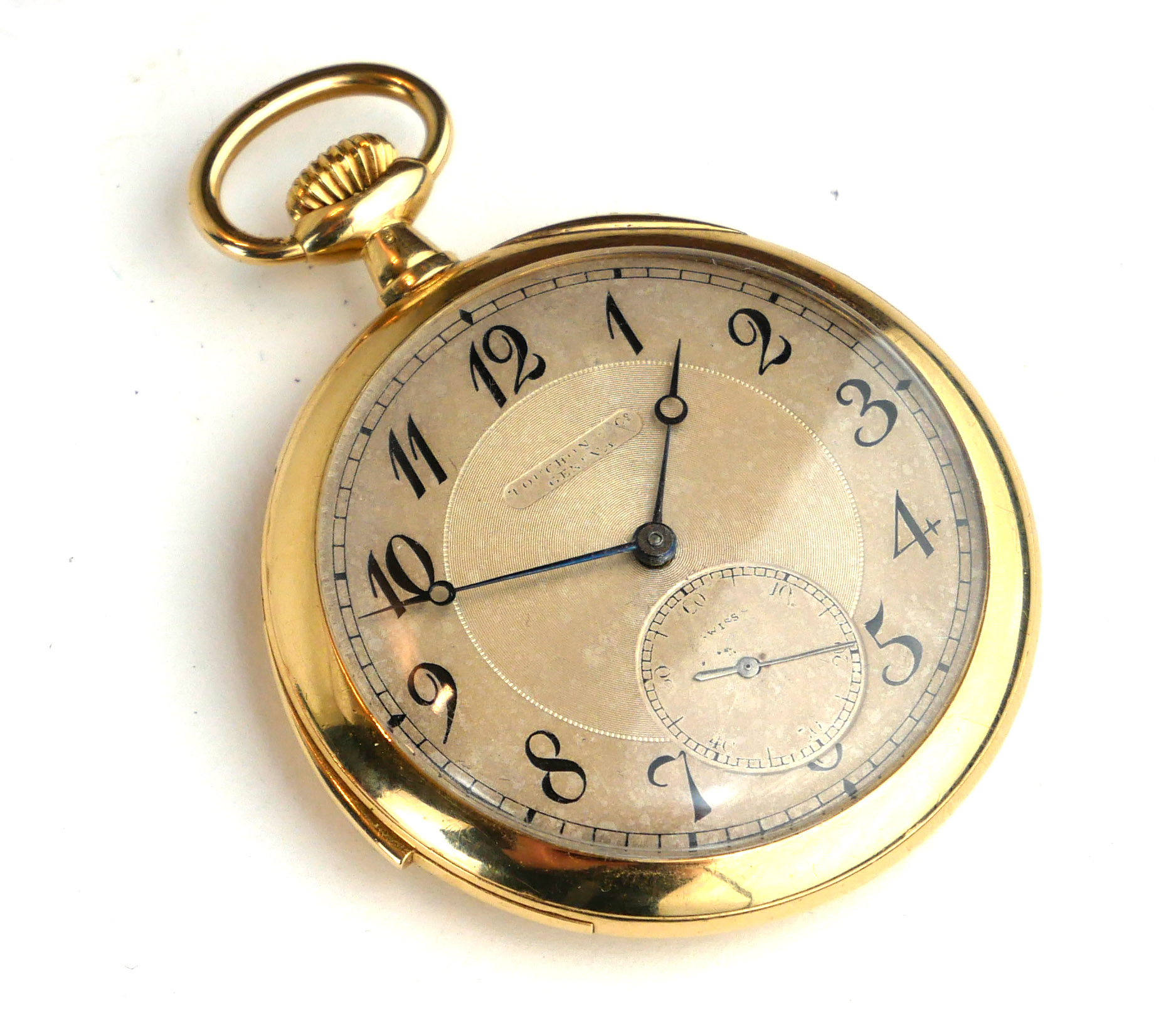 TOUCHON, AN 18CT GOLD SLIM MINUTE REPEATER POCKET WATCH Open face with silver tone dial, Arabic - Image 3 of 7