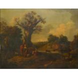 19TH CENTURY BRITISH SCHOOL AND GAINSBOROUGH OIL ON CANVAS Rural river scene, figures and cattle,