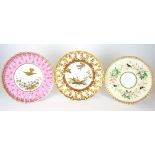 SPODE, THREE VICTORIAN PORCELAIN CABINET PLATES Including a plate with wide pink border and embossed