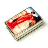 A SILVER AND ENAMEL 'CLASSICAL MAIDEN' RECTANGULAR PILL BOX With enamel Maiden to hinged lid. (