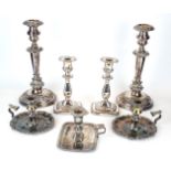 A COLLECTION OF 19TH CENTURY AND LATER SILVER PLATE ON COPPER CANDLESTICKS, A pair with embossed