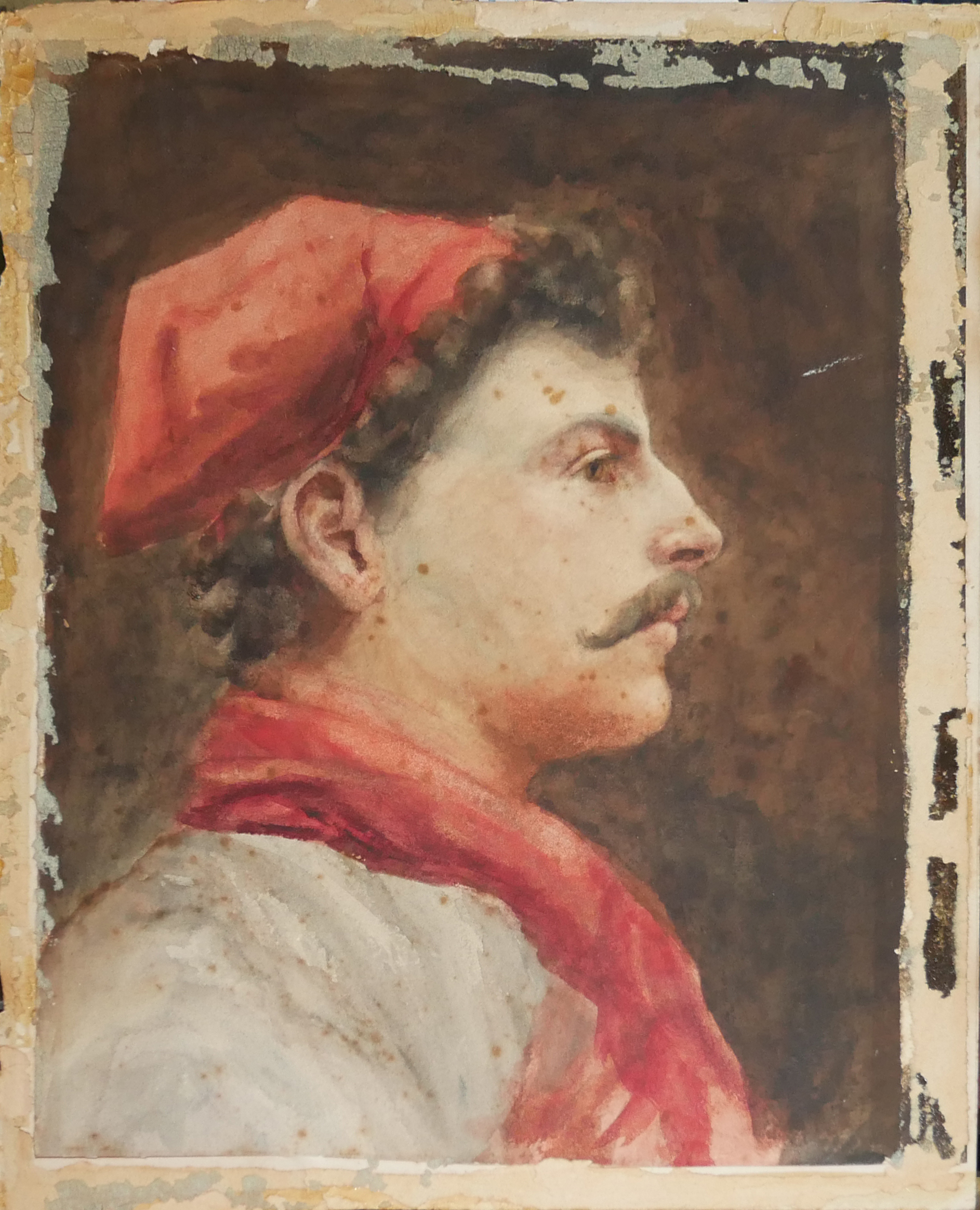 A 19TH CENTURY CONTINENTAL WATERCOLOUR PORTRAIT Profile view of a gent wearing a red hat and