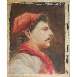 A 19TH CENTURY CONTINENTAL WATERCOLOUR PORTRAIT Profile view of a gent wearing a red hat and