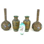 A PAIR OF JAPANESE LATE MEIJI PERIOD BOTTLE FORM VASES Both applied with enamel cloisonné