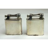 DUNHILL, TWO EARLY 20TH CENTURY SILVER PLATED SQUARE LIFT ARM LIGHTERS Plain case, pat 390107. (