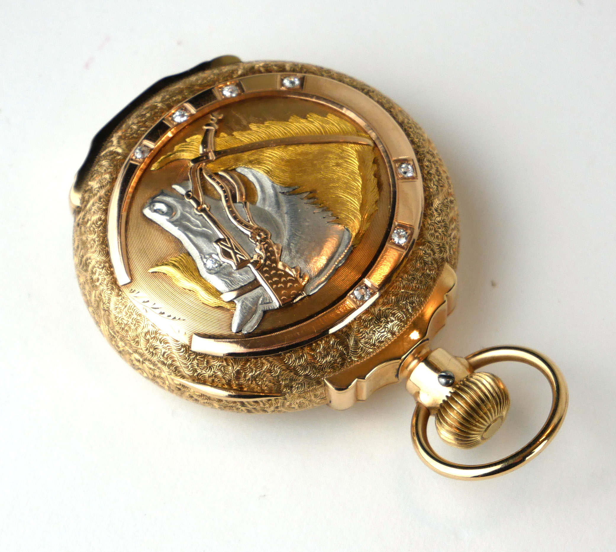 ELGIN, AN EARLY 20TH CENTURY AMERICAN 14CT GOLD AND DIAMOND GENT'S EQUESTRIAN FULL HUNTER POCKET - Image 4 of 5