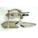 A SET OF INDIAN WHITE METAL AND NIELLO ENAMEL TALWAH SWORD MOUNTS Three sections including