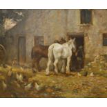 A 19TH CENTURY BRITISH SCHOOL OIL ON CANVAS Titled 'After The Day's Work', Shire horses in farmyard,