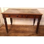 AN EARLY VICTORIAN MAHOGANY WRITING TABLE With green told leather top above two drawers, raised on