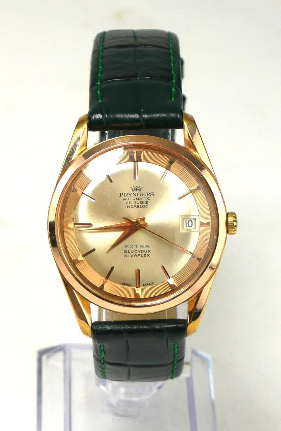 PRYNGEPS, A VINTAGE ITALIAN GOLD PLATED AUTOMATIC GENT'S WRISTWATCH Having a calendar window, dial - Image 2 of 3