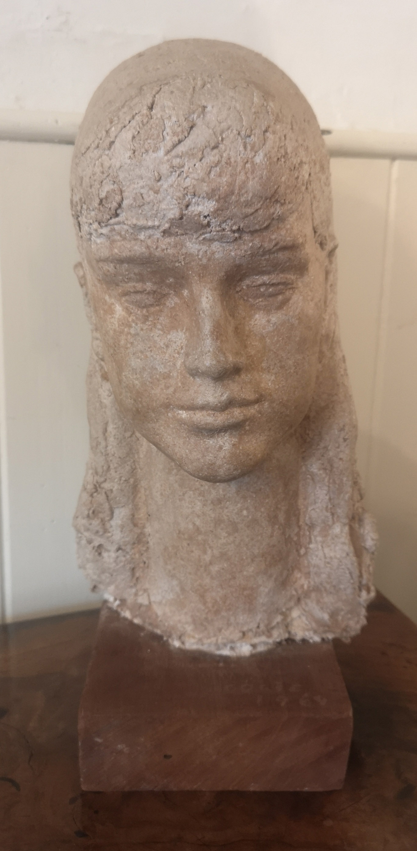 A MID 20TH CENTURY PLASTER MAQUETTE SCULPTURE Female bust, signed to base 'Corse 69', on wood
