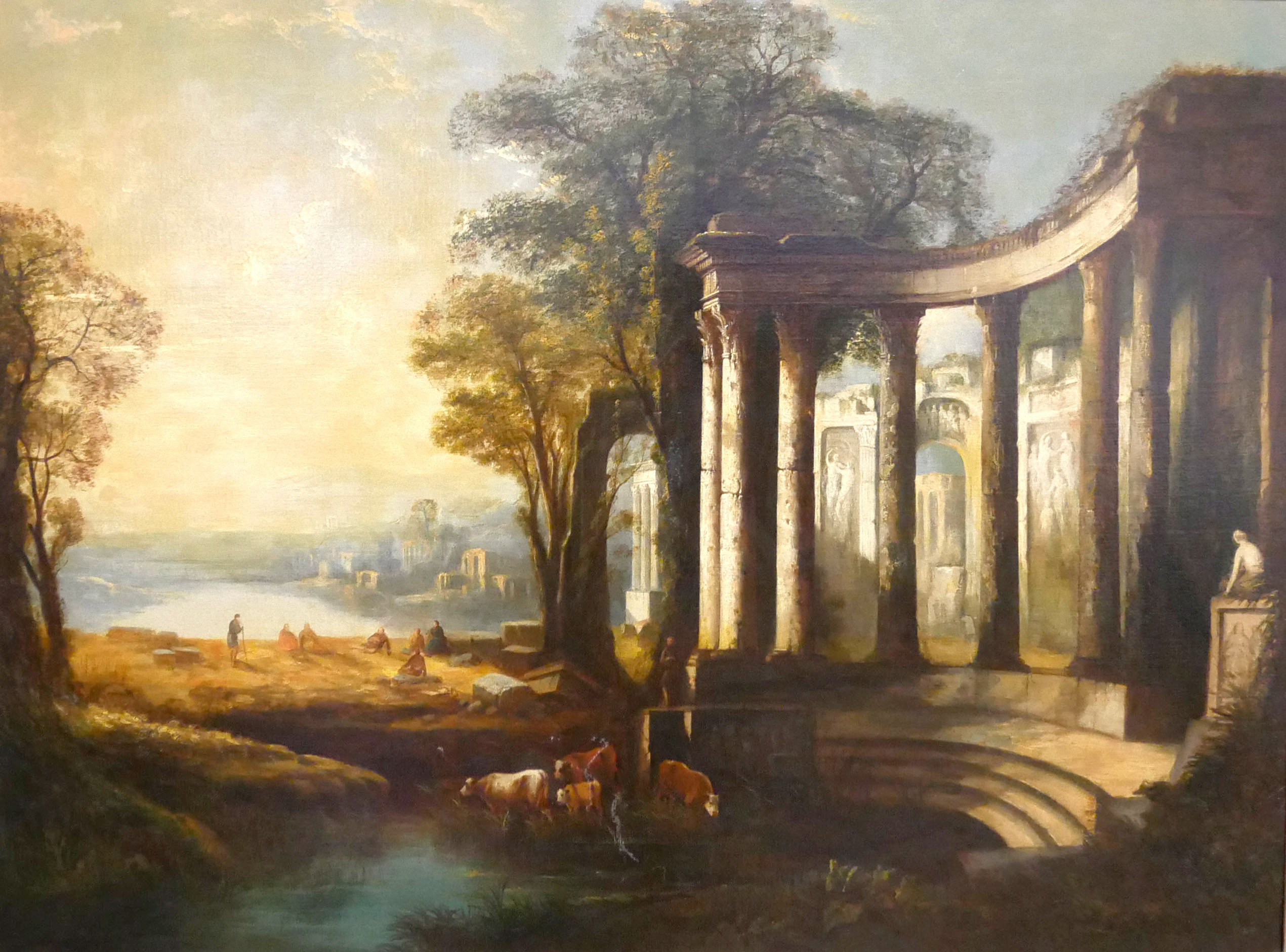 A LARGE 18TH CENTURY OIL ON CANVAS, CLASSICAL ITALIAN RIVER RUIN Landscape, figures, cattle and city - Image 3 of 9