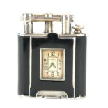 DUNHILL, AN ART DECO SILVER AND BLACK ENAMEL UNIQUE WATCH SQUARE LIGHTER With fold out compartment