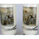 A PAIR OF REVERSE GLASS DECORATED MILK GLASS TABLE LAMPS Industrial interior scenes, on bronze