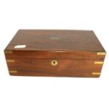 A VICTORIAN ROSEWOOD AND BRASS RECTANGULAR WRITING SLOPE With brass cartouche and corners and
