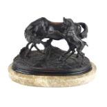 A 19TH CENTURY BRONZE EQUESTRIAN GROUP Mare and foal on later oval marble base, unsigned (26cm x