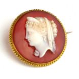 A 19TH CENTURY YELLOW CARNELIAN SHELL NEOCLASSICAL CAMEO BROOCH Circular form with fine carved