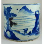 A LARGE CHINESE BLUE AND WHITE BRUSH POT Decorated with figures and fisherman in a landscape,