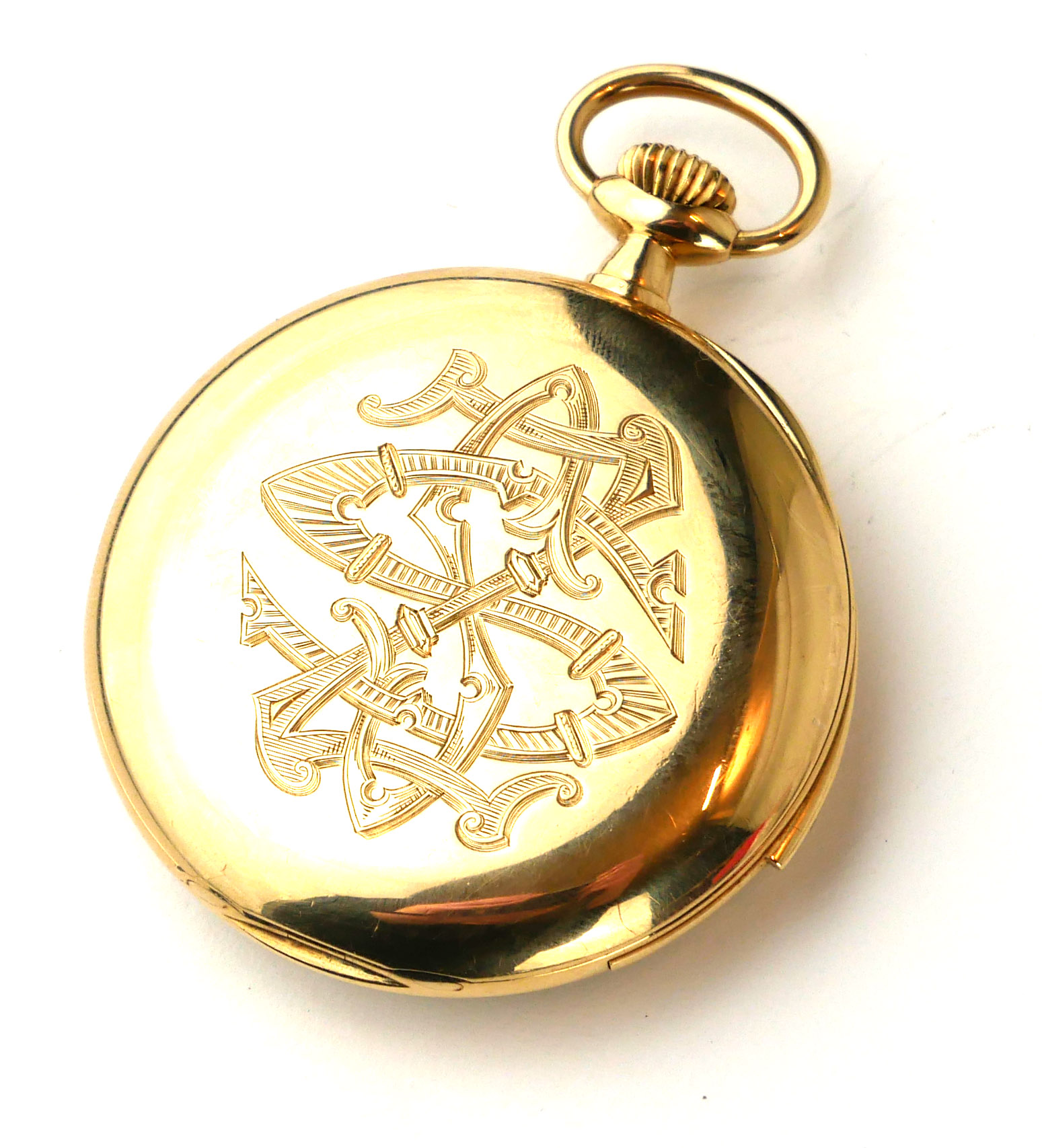 TOUCHON, AN 18CT GOLD SLIM MINUTE REPEATER POCKET WATCH Open face with silver tone dial, Arabic - Image 4 of 7