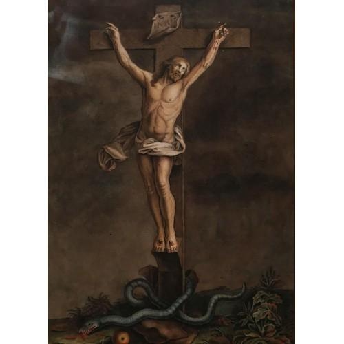 A FINE CONTINENTAL 18TH CENTURY PEN, INK AND WATERCOLOUR Christ on the cross with snake, apple and