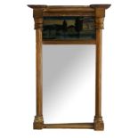 A 19TH CENTURY GILTWOOD FRAMED TRUMEAU MIRROR With reverse glass painted panel riverside landscape