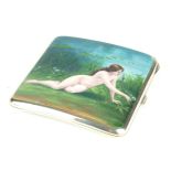 AN EARLY 20TH CENTURY CONTINENTAL SILVER AND EROTIC ENAMEL CIGARETTE CASE Hand painted with a