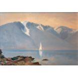 A MID 20TH CENTURY OIL ON BOARD, MARINE SCENE Solitary sailboat, bearing label verso 'Lake